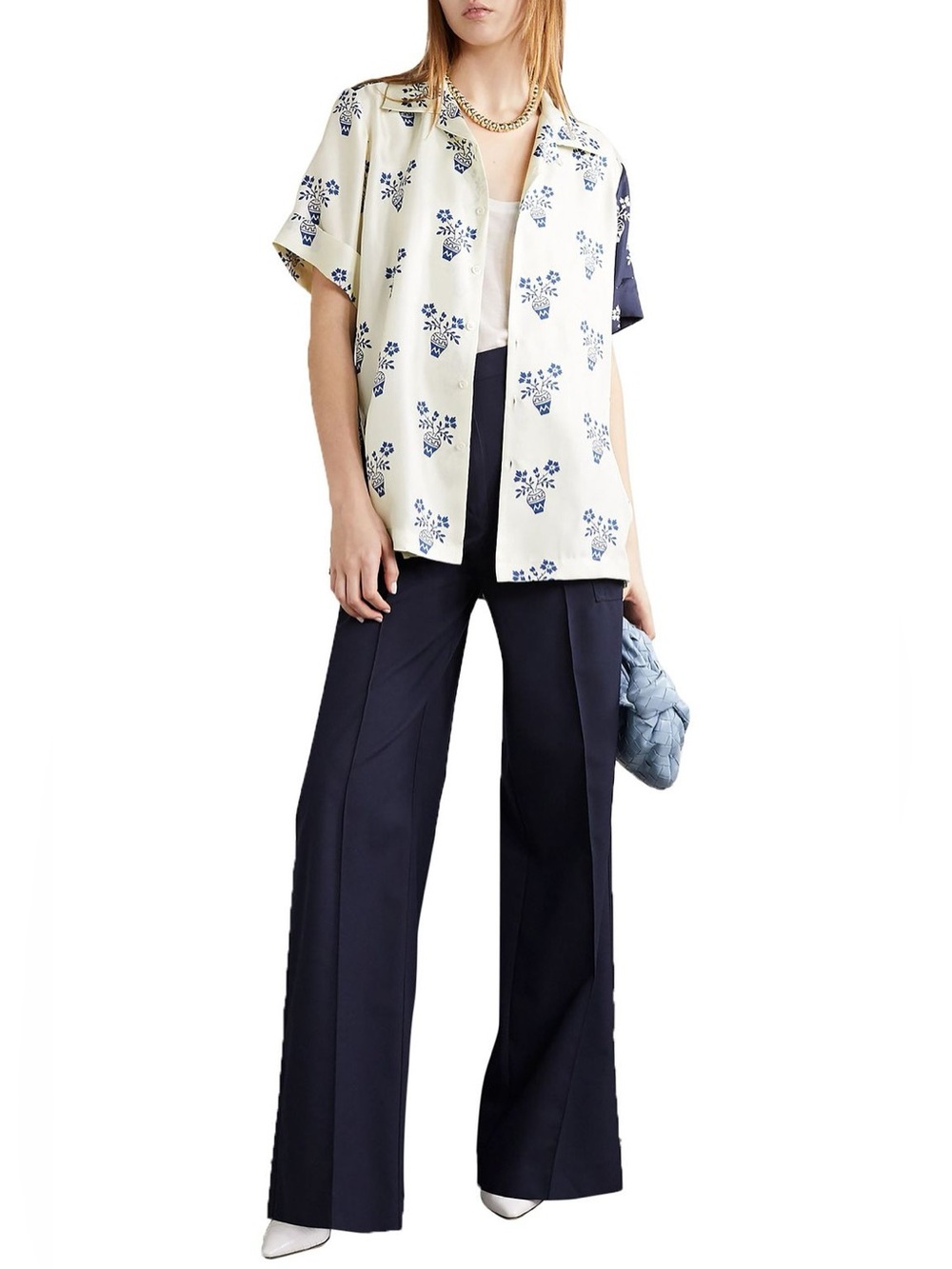 Monse Silk Flower Pot Print Button Front Shirt XS Blue White Short Sleeve Blouse